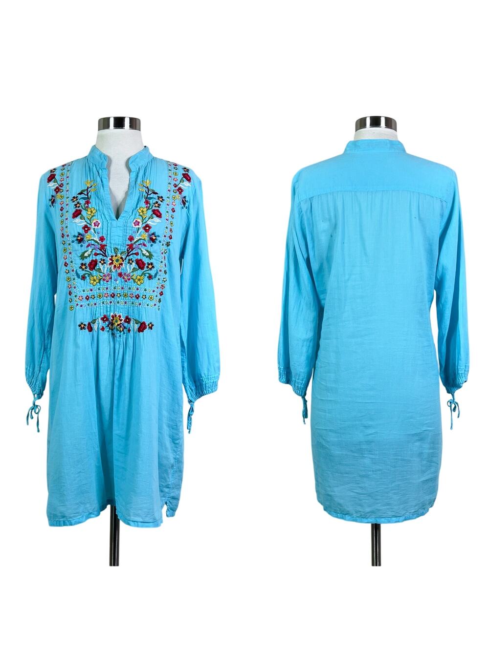 Johnny Was | Embroidered Blue Boho Floral Mini Relaxed Fit Tunic Dress XS